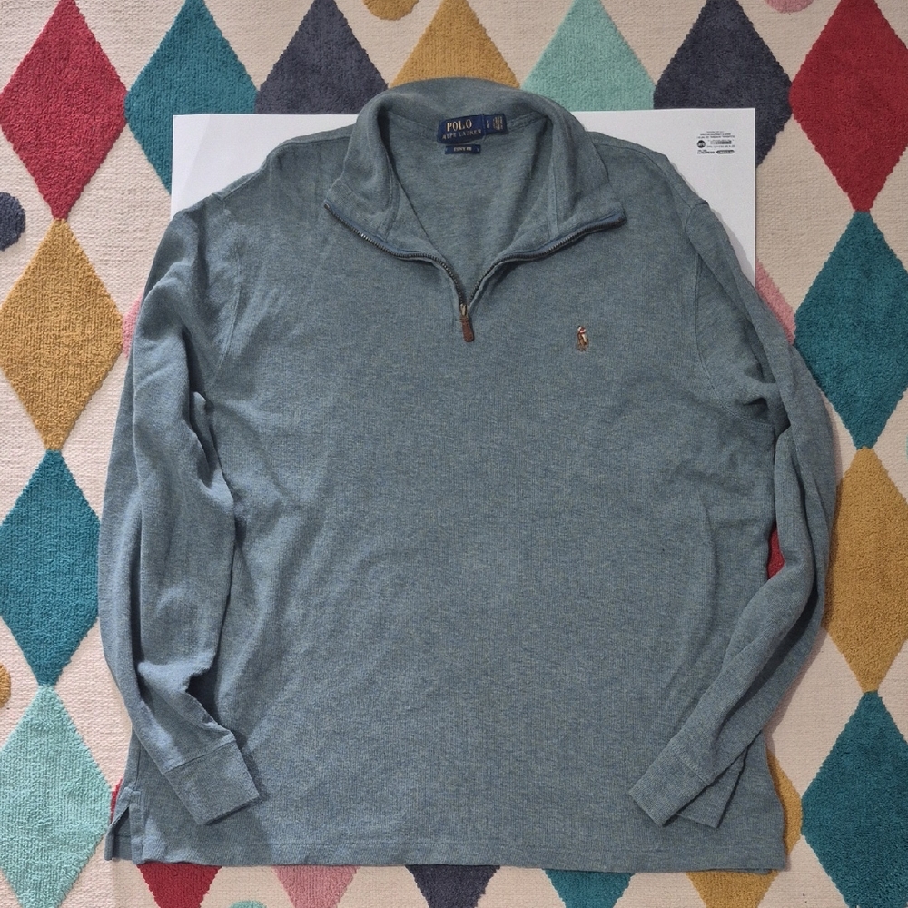Ralph Lauren Estate Rib Sweater in Heather Slate Blue with Gold Logo